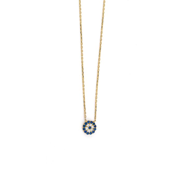 Eye Necklace with White and Blue Zircons - 9K Yellow Gold - Image 3