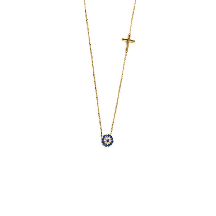 9K Yellow Gold - Eye Necklace with cross and zircon - Image 1