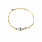 Sterling Silver Yellow Gold Plated Eye Chain Bracelet with Cross and Zircon
