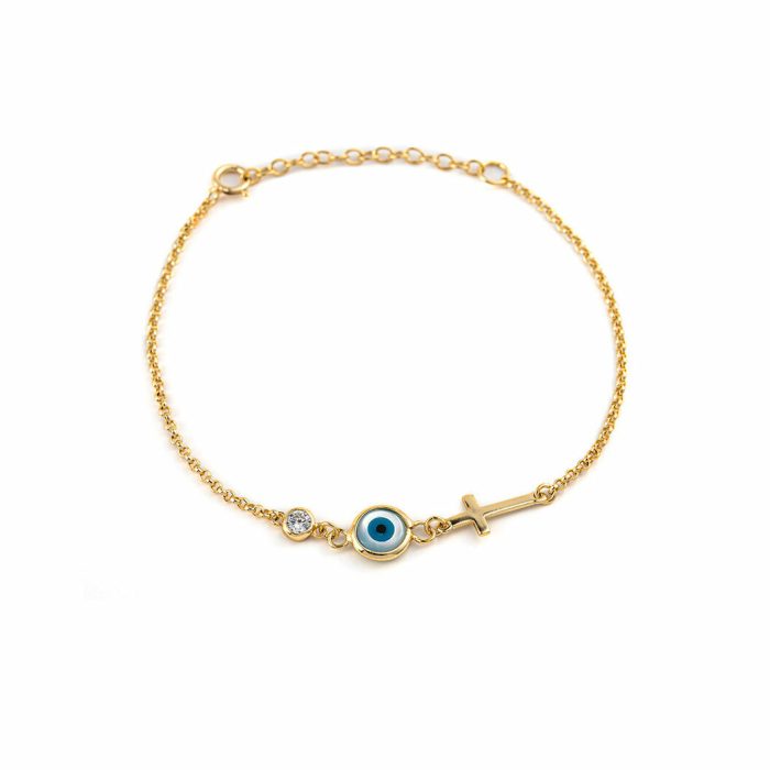 Sterling Silver Yellow Gold Plated Eye Chain Bracelet with Cross and Zircon - Image 1