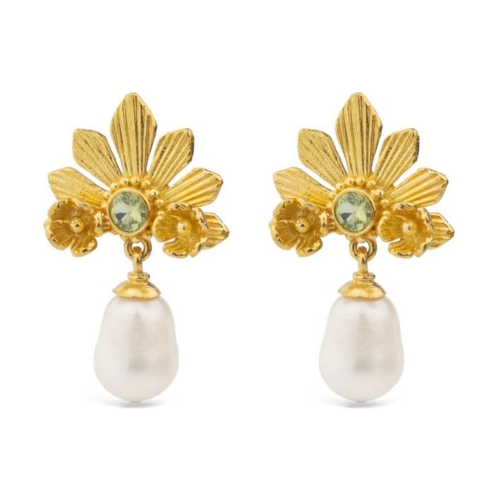 Flower Pearl Stud Earrings in Gold-Plated & 925 Sterling Silver with Peridot - Image 1
