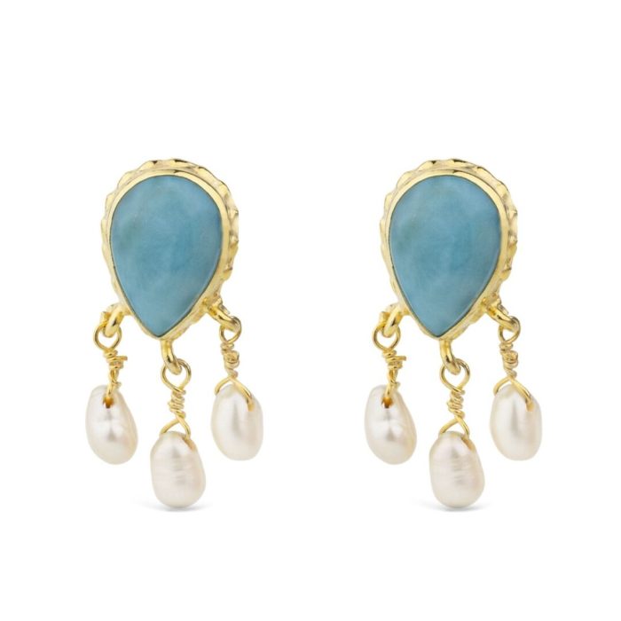 925 Sterling Silver and Gold Plated Pearl Stud earrings with Larimar - Image 1
