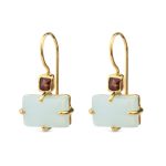 Dangle Earrings in 925 Silver & Gold Plating with Garnet and Aqua Chalcedony