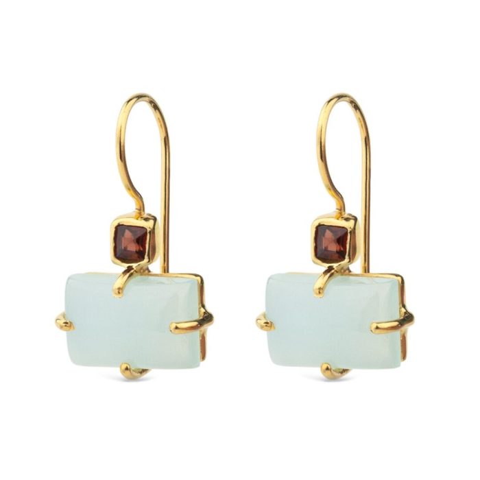 Dangle Earrings in 925 Silver & Gold Plating with Garnet and Aqua Chalcedony - Image 1