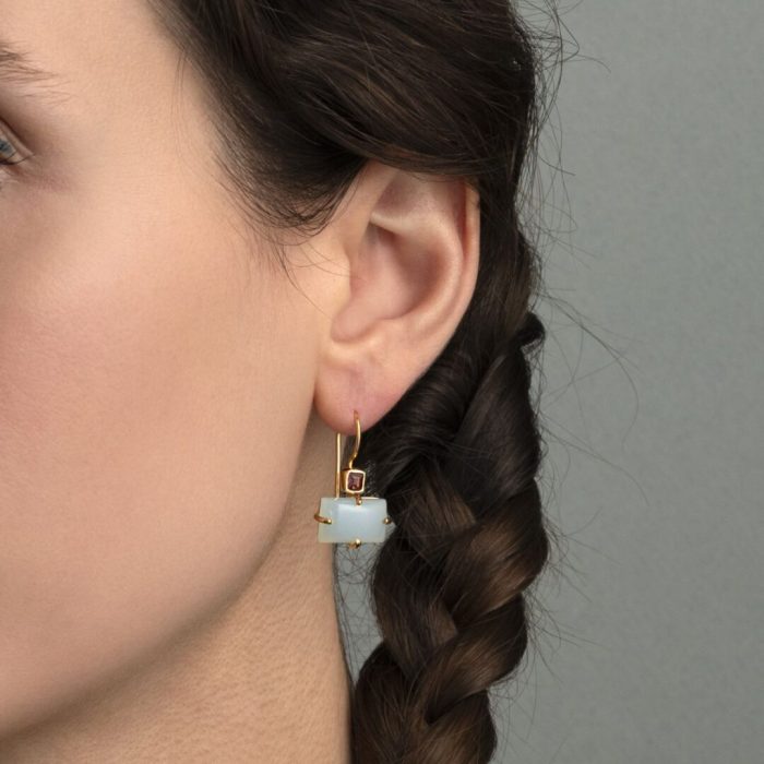 Dangle Earrings in 925 Silver & Gold Plating with Garnet and Aqua Chalcedony - Image 2