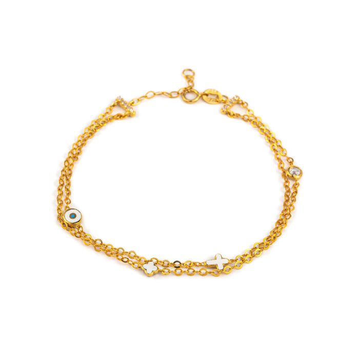 Double Chain Eye Bracelet with Cross - 9K Gold - Image 2