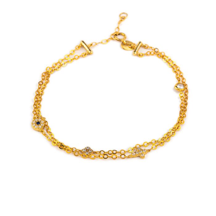 Double Chain Eye Bracelet with Cross - 9K Gold - Image 1