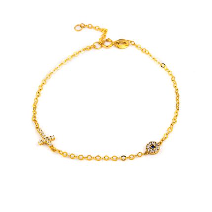 Evil Eye Chain Bracelet with Cross - 9K Gold