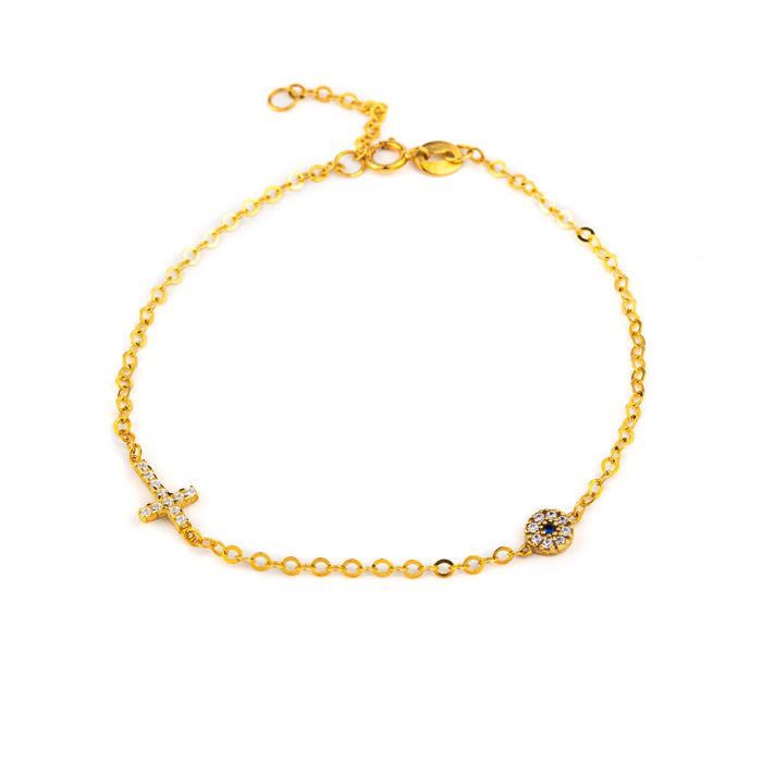 Evil Eye Chain Bracelet with Cross - 9K Gold - Image 1