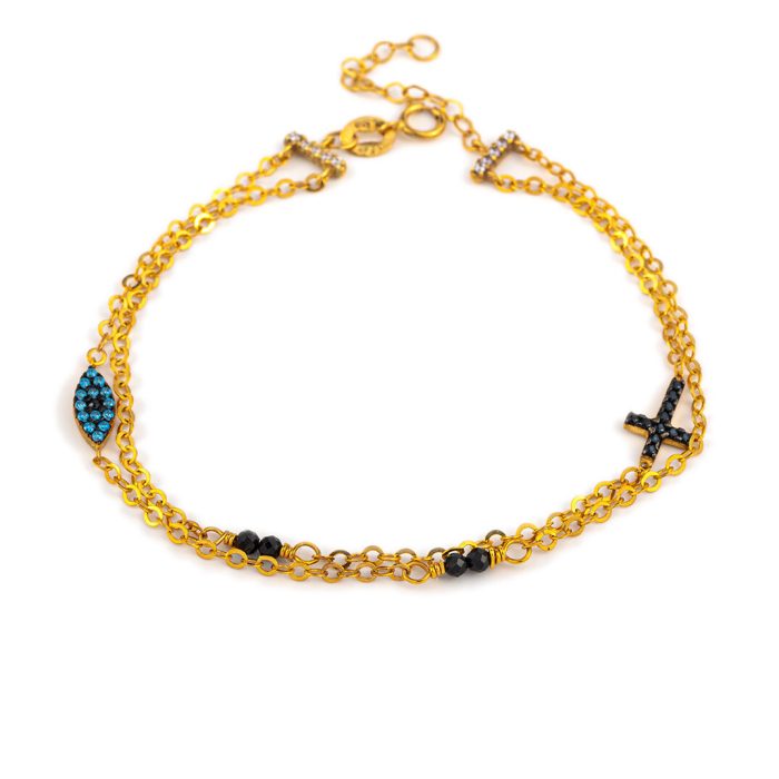 Black Eye Chain Bracelet with Cross - 9K Gold and Zircon - Image 2
