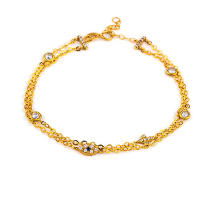 Eye Double Chain Bracelet with Cross & Zircon - 9K Gold - Image 2