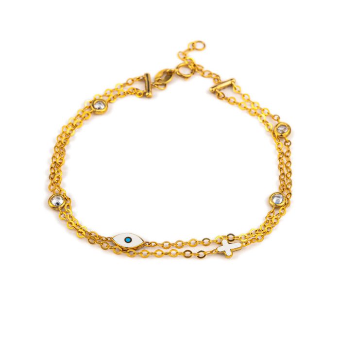 Eye Double Chain Bracelet with Cross & Zircon - 9K Gold - Image 1