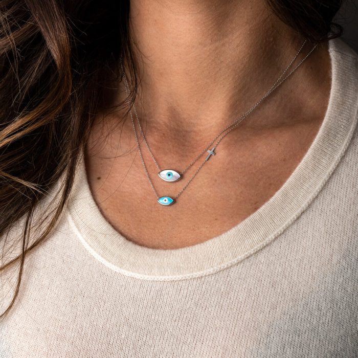 9K White Gold Necklace Evil eye with Cross - Image 2