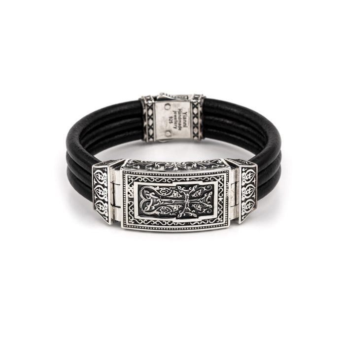 Ivy Cross Leather Bracelet – Sterling Silver Yianni Jewelry - Image 1