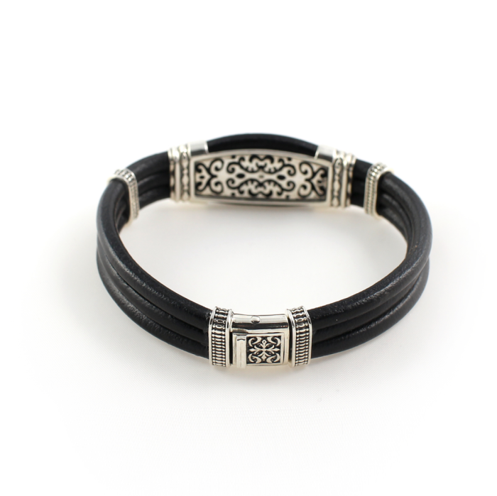 Triple Row Leather Bracelet – Sterling Silver Yianni Jewelry - Image 3
