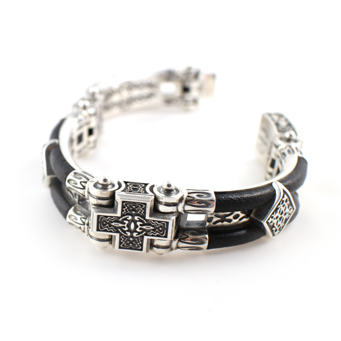 Byzantine Cross Leather Bracelet – Sterling Silver Yianni Jewelry - Image 1