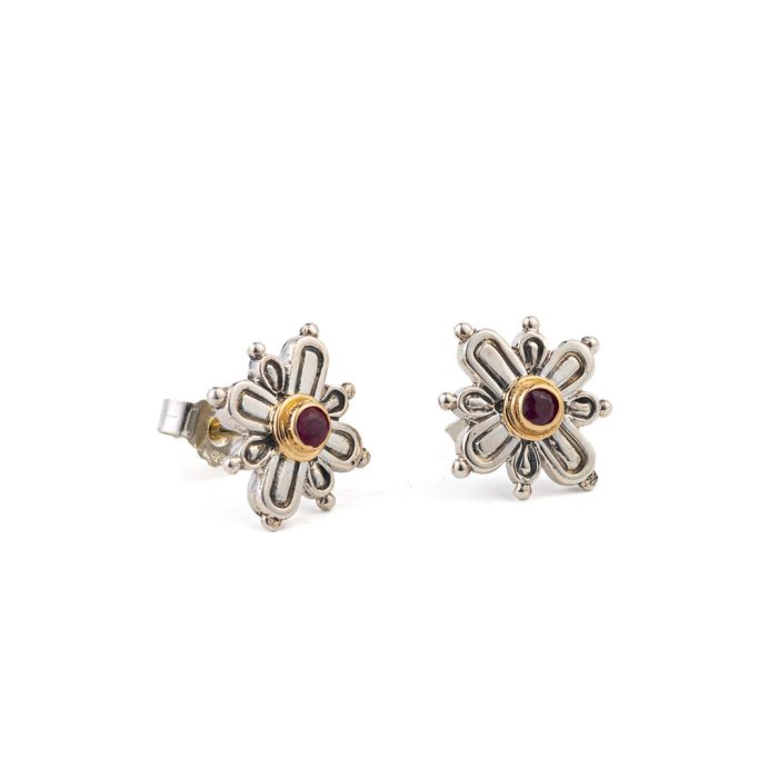 Cross Stud Earrings in 18K Gold and Sterling Silver with ruby - Image 1