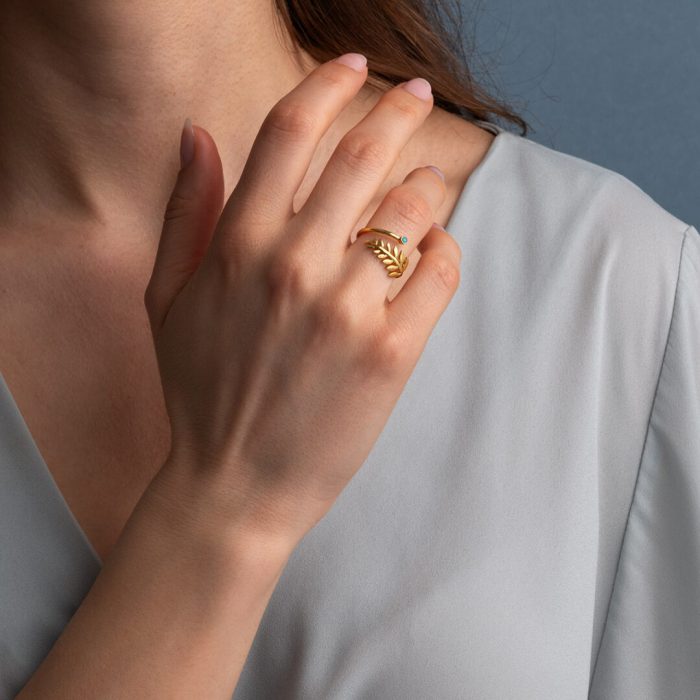 Sterling Silver Gold Plated Adjustable Ring with Fern - Image 2