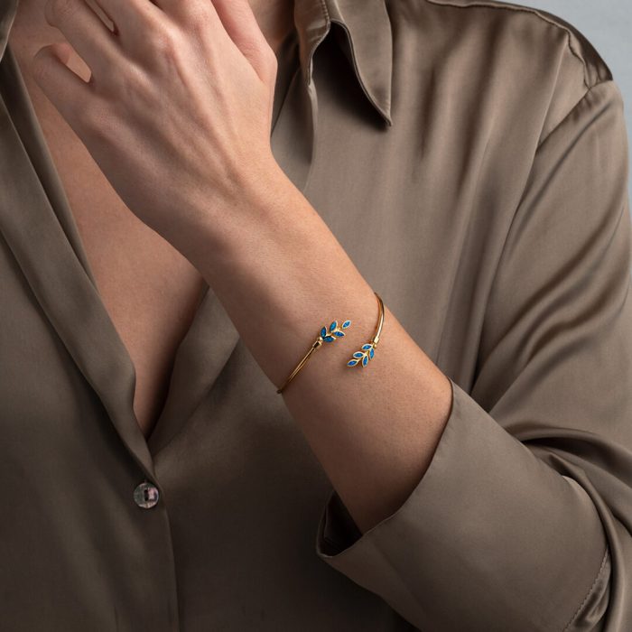 Olive Leaf Opal bangle Bracelet - 925 Sterling Silver and Gold Plated - Image 2