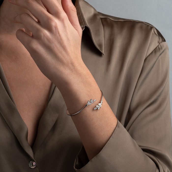 Olive Leaf Opal bangle Bracelet - 925 Sterling Silver and Gold Plated - Image 3