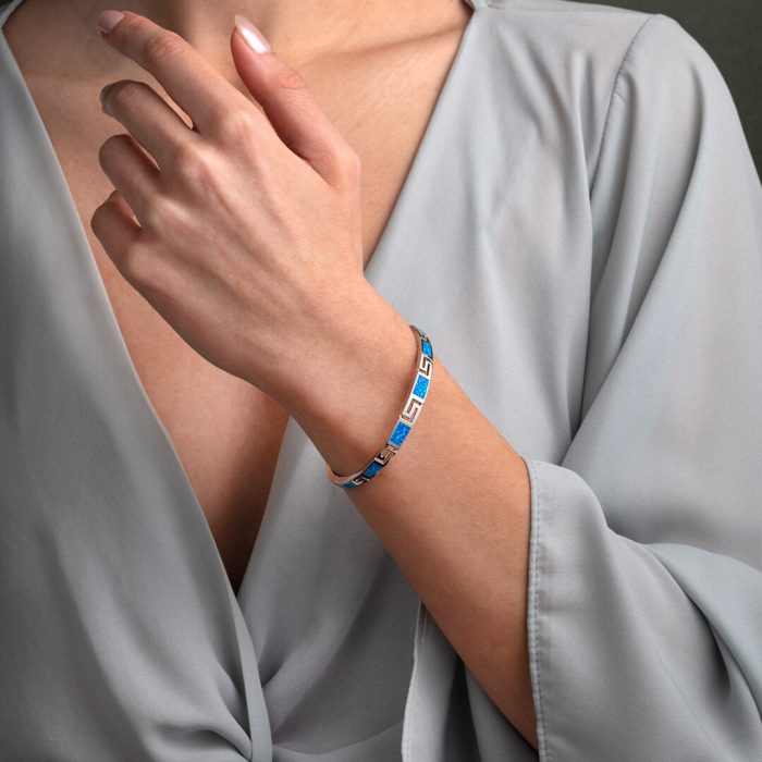 Greca Design Bracelet with Blue Opal stone - 925 Sterling Silver - Image 2