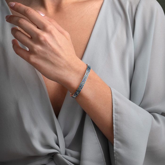 Greca Bangle Bracelet with Blue Opal stone - 925 Sterling Silver - Image 4