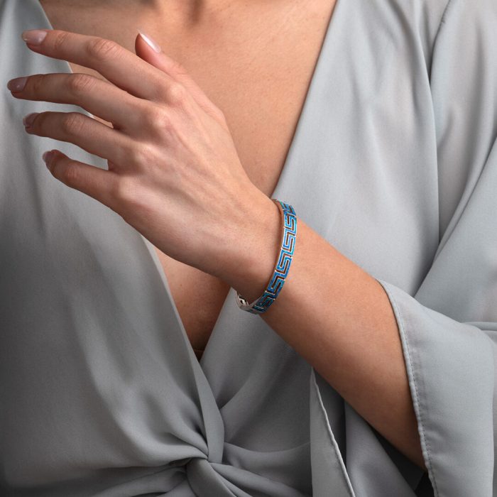 Greca Bangle Bracelet with Blue Opal stone - 925 Sterling Silver - Image 7