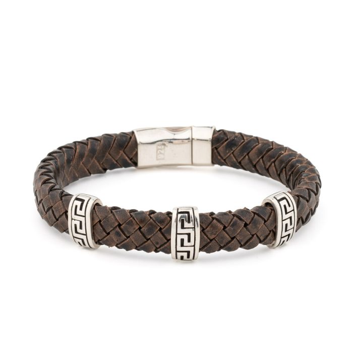 Sterling Silver Bracelet with Greek Key Motif - Genuine Leather - Image 2