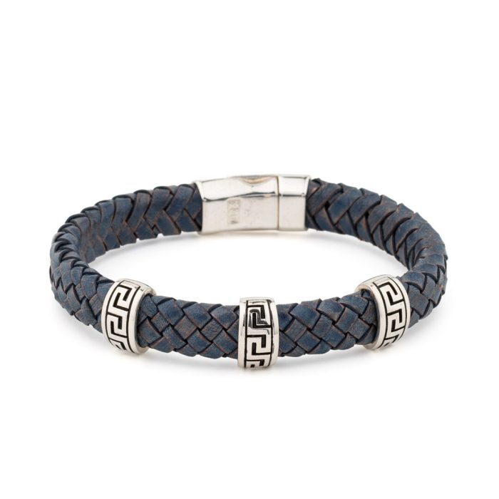 Sterling Silver Bracelet with Greek Key Motif - Genuine Leather - Image 1