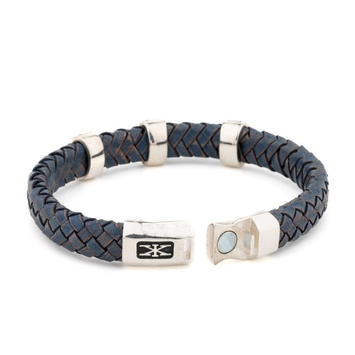 Sterling Silver Bracelet with Greek Key Motif - Genuine Leather - Image 4