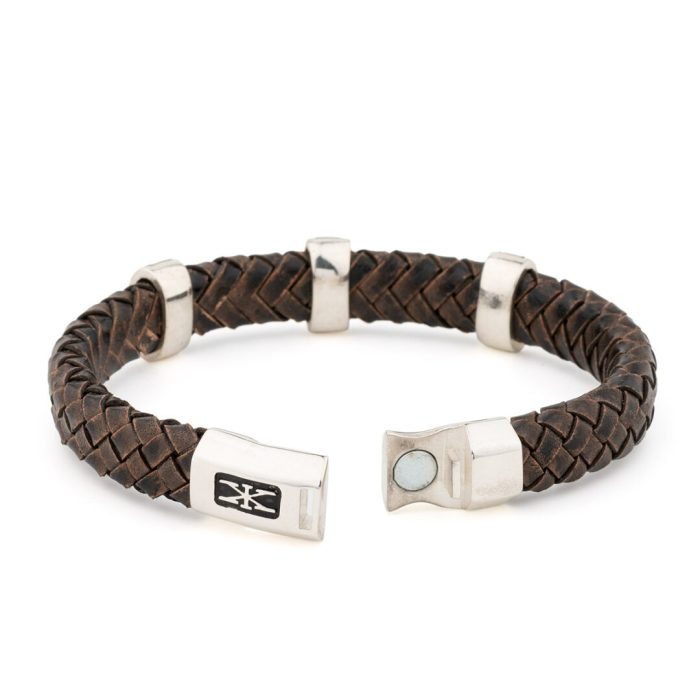 Sterling Silver Bracelet with Greek Key Motif - Genuine Leather - Image 3