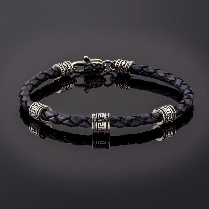 Greek Key Bracelet - Sterling Silver and Braided Genuine Leather - Image 1