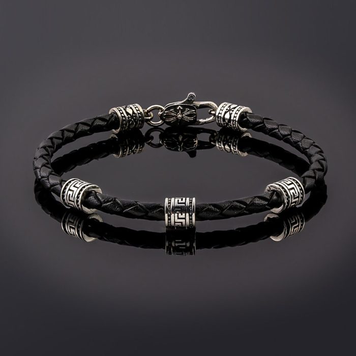 Greek Key Bracelet - Sterling Silver and Braided Genuine Leather - Image 3