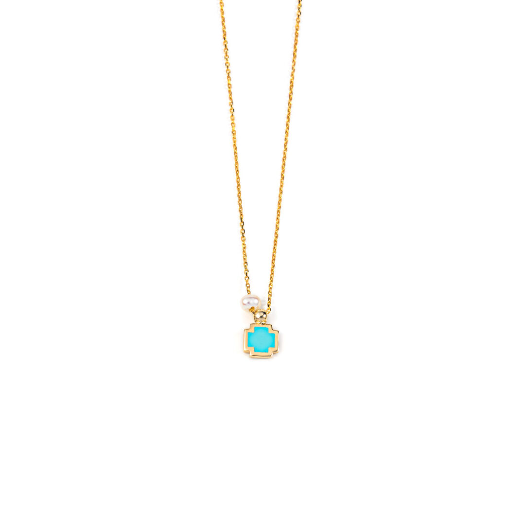 AL-NE-042190450-TQ Cross Pearl Necklace - 14K Yellow Gold and Turquoise Enamel - Image 1
