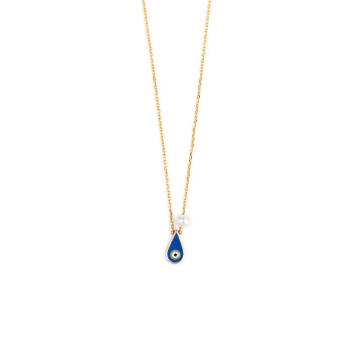 Evil Eye Tear Drop Necklace with Pearl – 14K Yellow Gold with Blue Enamel