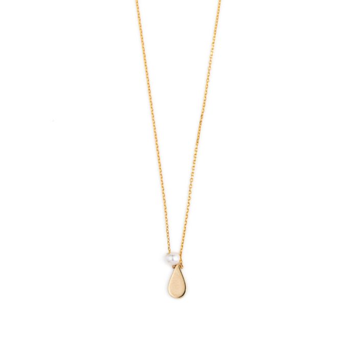Evil Eye Tear Drop Necklace with Pearl – 14K Yellow Gold with Blue Enamel - Image 3