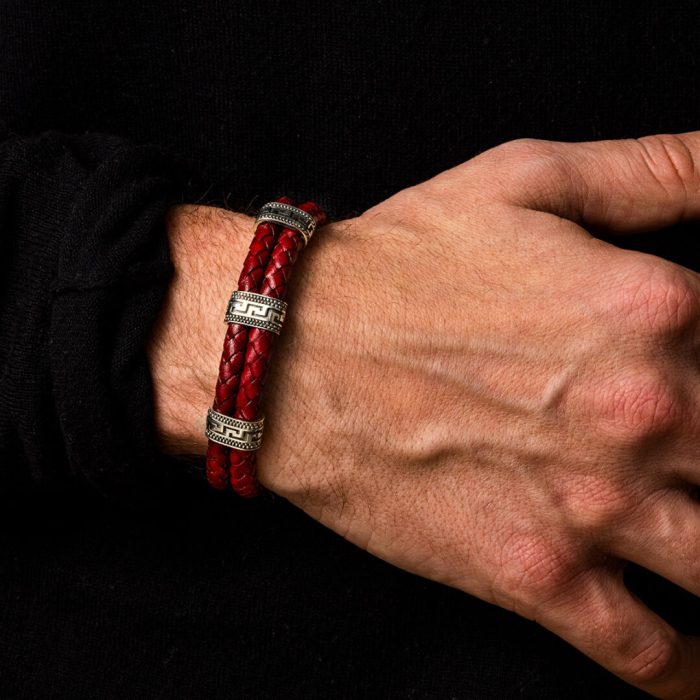 Greek key Leather Bracelet - Sterling Silver - Image 6