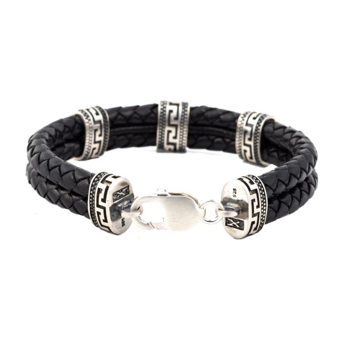 Greek key Leather Bracelet - Sterling Silver - Image 9