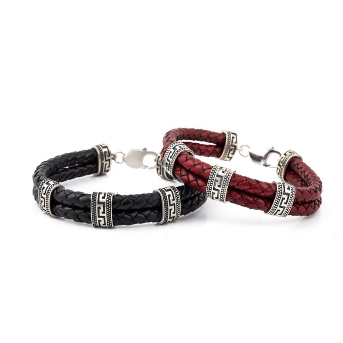 Greek key Leather Bracelet - Sterling Silver - Image 3