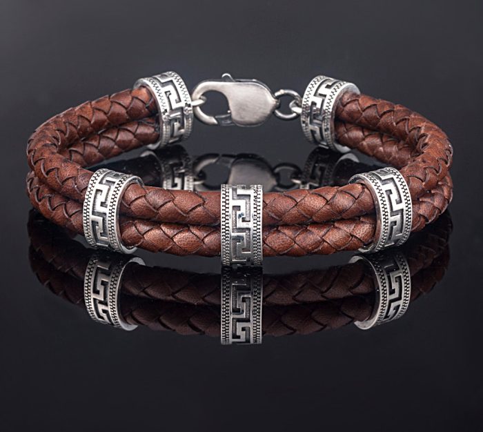 Greek key Leather Bracelet - Sterling Silver - Image 7