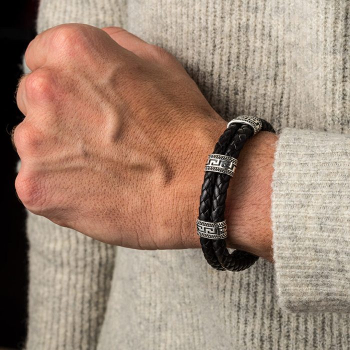 Greek key Leather Bracelet - Sterling Silver - Image 10