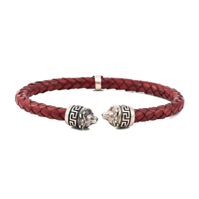 Sterling Silver Leather Lion Bracelet with Greek key - Image 1