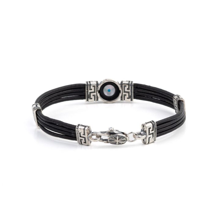 Sterling Silver Leather Bracelet with Lucky Eye Motif and Meander - Image 3