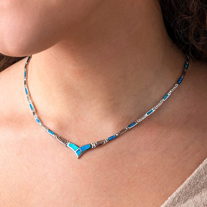 Blue opal v-shaped necklace with Meander - Image 2