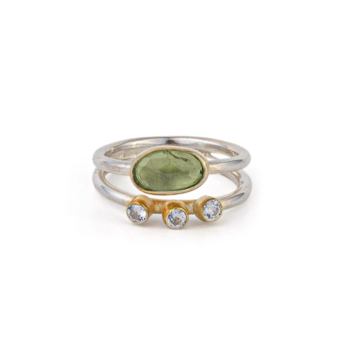 Peridot and Zircon Ring - 925 Sterling Silver and Gold Plated - Image 1