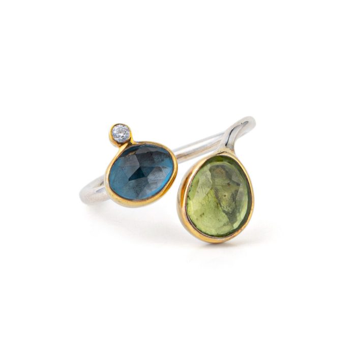 Adjustable Ring with London Topaz and Peridot - 925 Sterling Silver and Gold Plated - Image 3