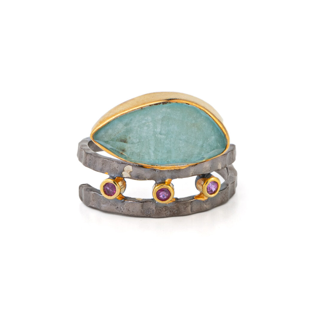D3331|EI-D--05612027-m|D3331b|package-roots 925 Sterling Silver and Gold Plated Oxidized Ring with Amazonite - Image 1