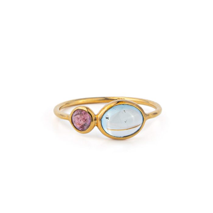 Blue Topaz and Tourmaline Ring - 925 Sterling Silver and Gold Plated - Image 1