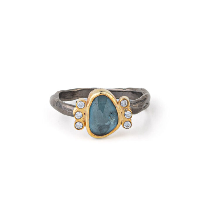 London Blue Topaz and Zircon Gemstone Ring - 925 Sterling Silver and Gold Plated - Image 1