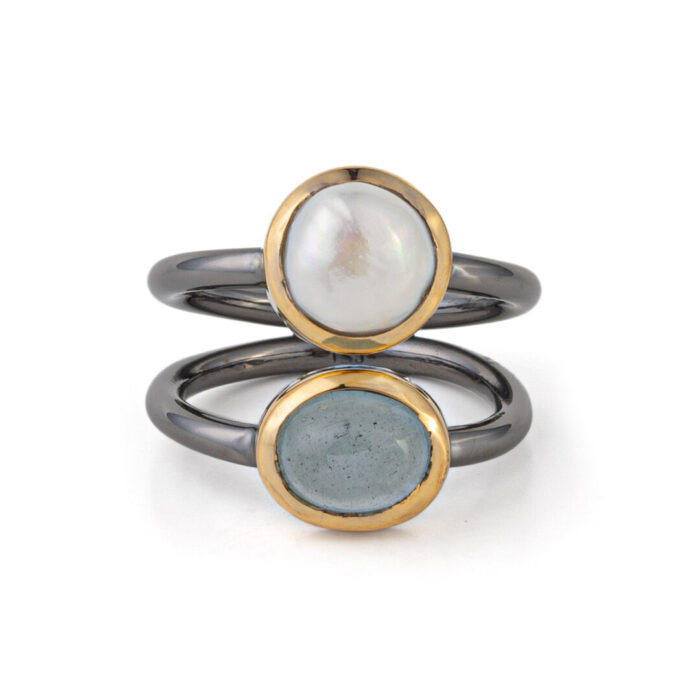925 Sterling Silver and Gold Plated Ring with Aqua Marine and Pearl - Image 1